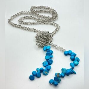 NATURAL Turquoise & Irridescent Facetted Crystal Beaded Lariat Bolo Necklace 40”